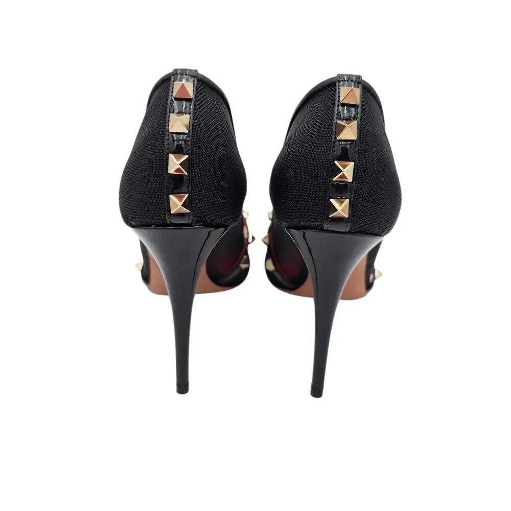 Valentino Garavani Rockstud Alcove Black Patent Leather Mesh Pump Heel Size 39 9